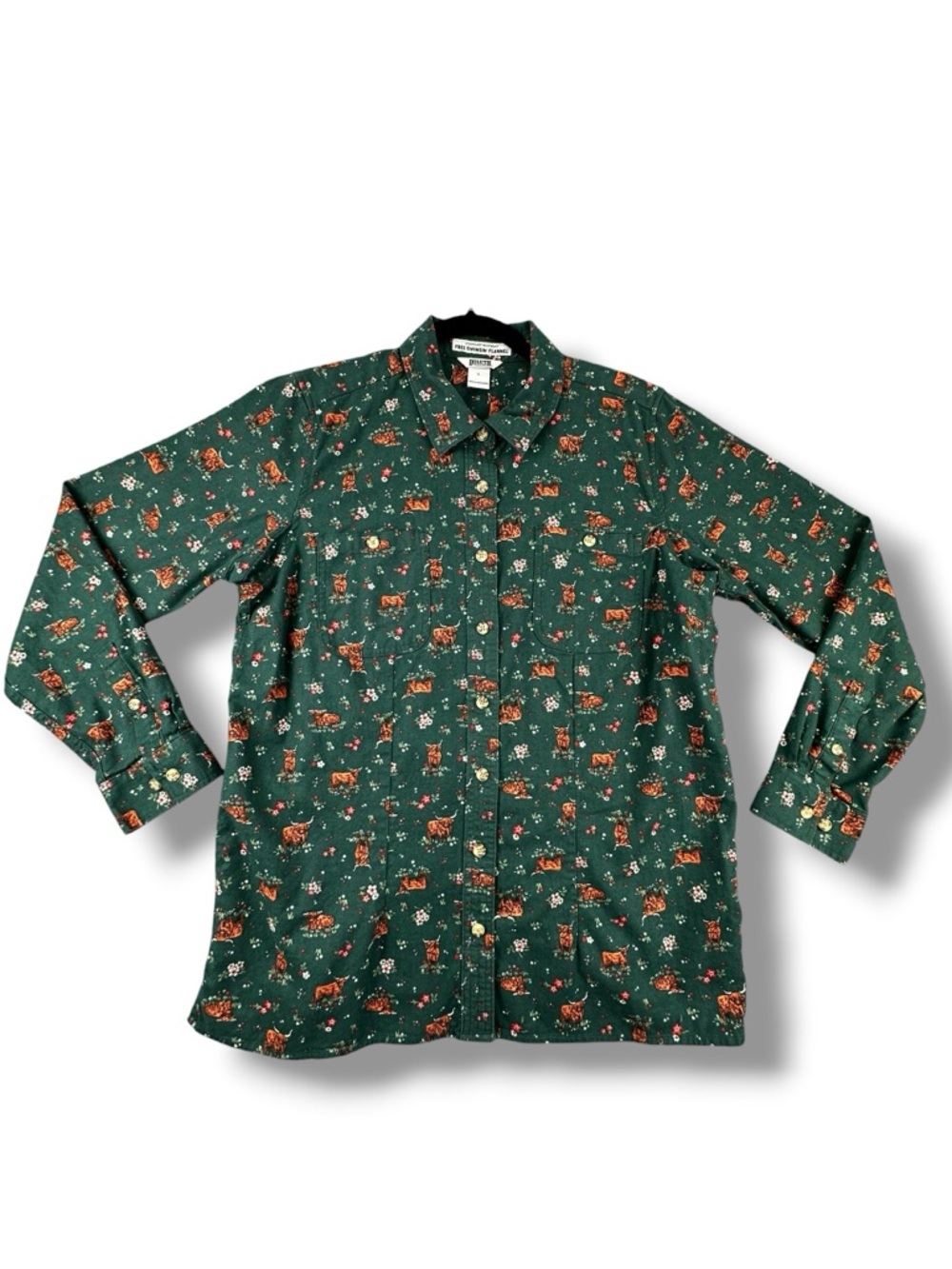 Duluth Trading Free Swingin’ Flannel Shirt Women’s Large Green Highland Cow Flor